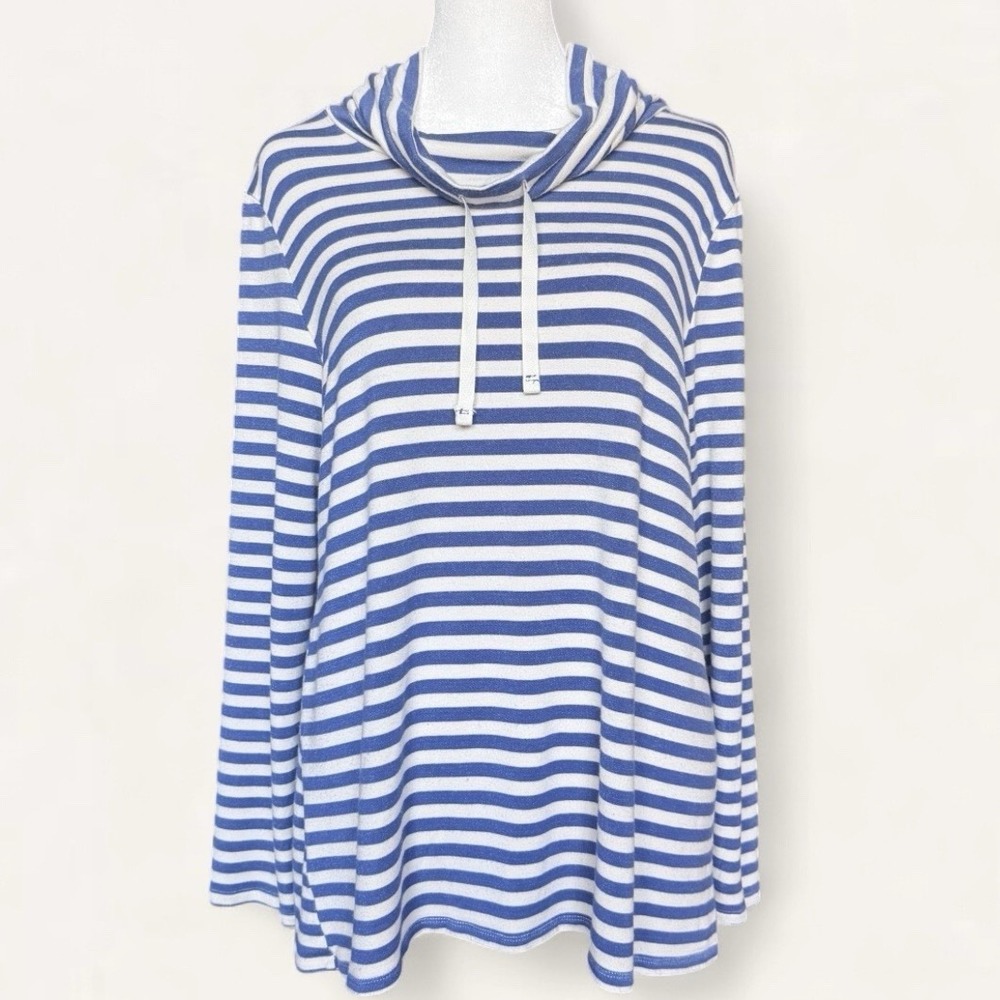 JW Style Women's M Top Blue & White Stripes Cowl Neck‎ Nautical Casual Coastal